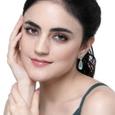 Rhodium-Plated Sea Green American Diamond studded Handcrafted Long Teardrop Shaped Drop Earrings