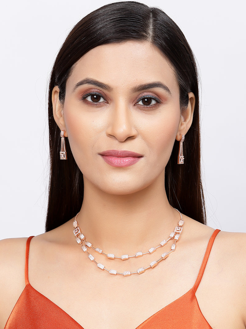 Rose Gold-Plated White American Diamond Studded Charismatic Necklace with Earrings Jewellery Set