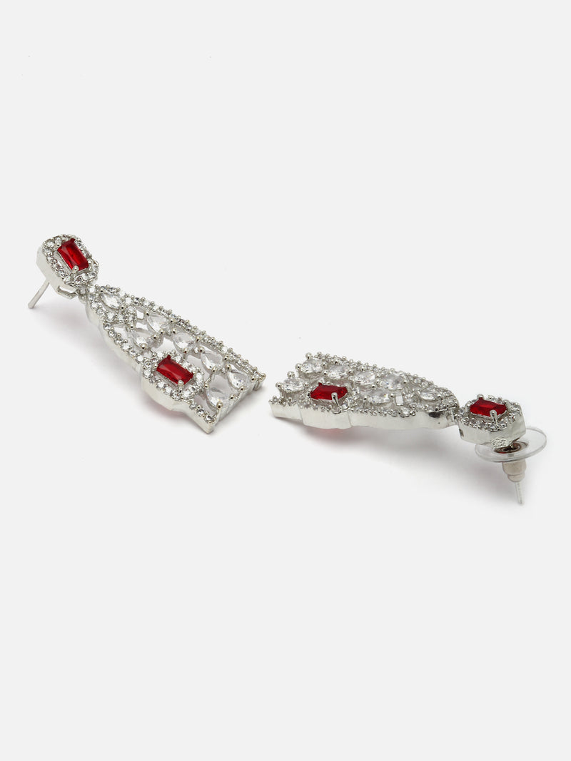 Rhodium-Plated Red American Diamond studded Classic Drop Earrings