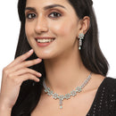 Rhodium-Plated Silver Tone Flower Sea Green American Diamond Studded Necklace with Earrings Jewellery Set