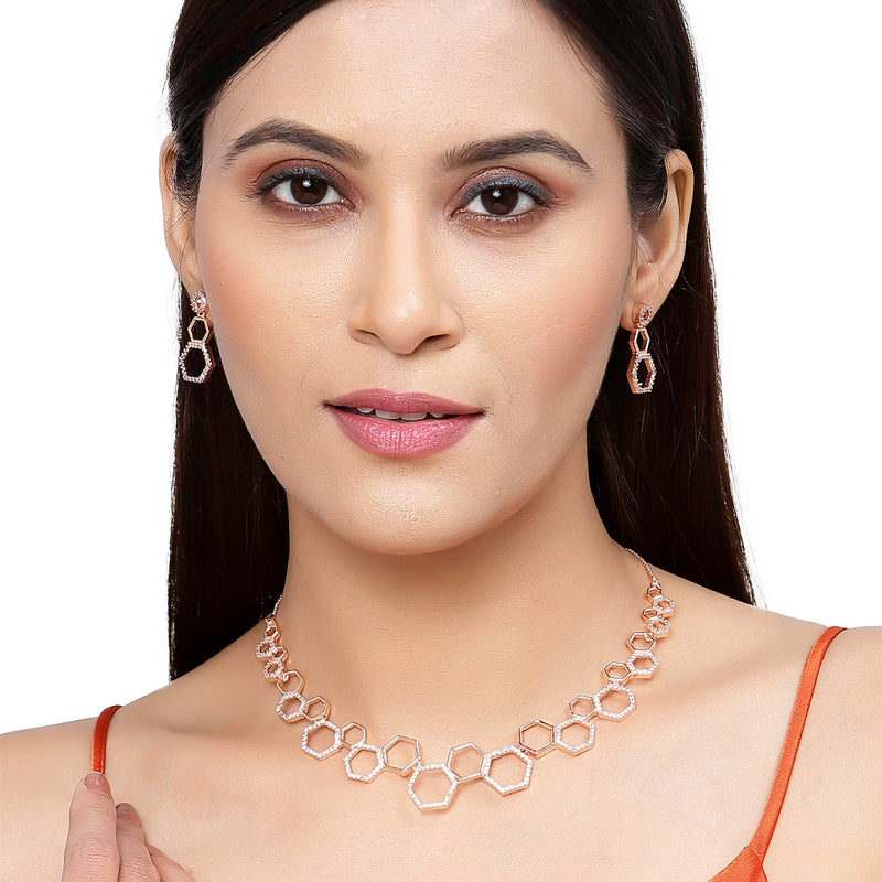 Rose Gold-Plated White American Diamond Studded Hexagon Shaped Necklace with Earrings Jewellery Set