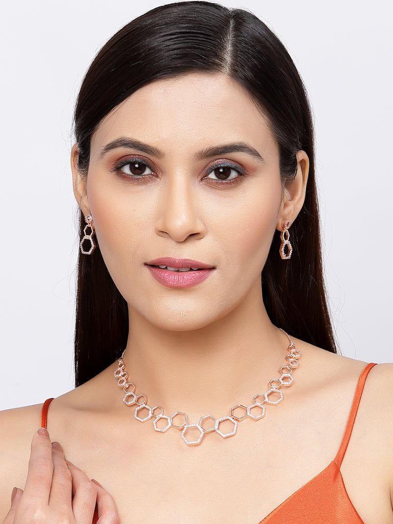 Rose Gold-Plated White American Diamond Studded Hexagon Shaped Necklace with Earrings Jewellery Set