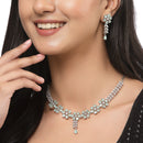 Rhodium-Plated Silver Tone Flower Sea Green American Diamond Studded Necklace with Earrings Jewellery Set