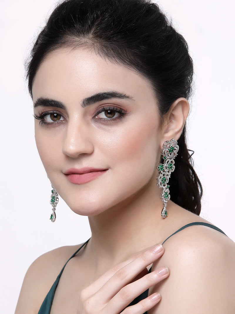 Rhodium-Plated Green & White American Diamond studded Floral Chandelier Drop Earrings