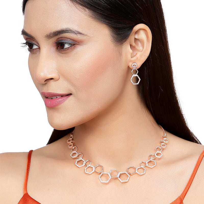 Rose Gold-Plated White American Diamond Studded Hexagon Shaped Necklace with Earrings Jewellery Set