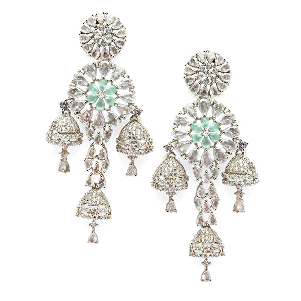 Rhodium-Plated Sea Green American Diamond studded Floral Handcrafted Drop Earrings