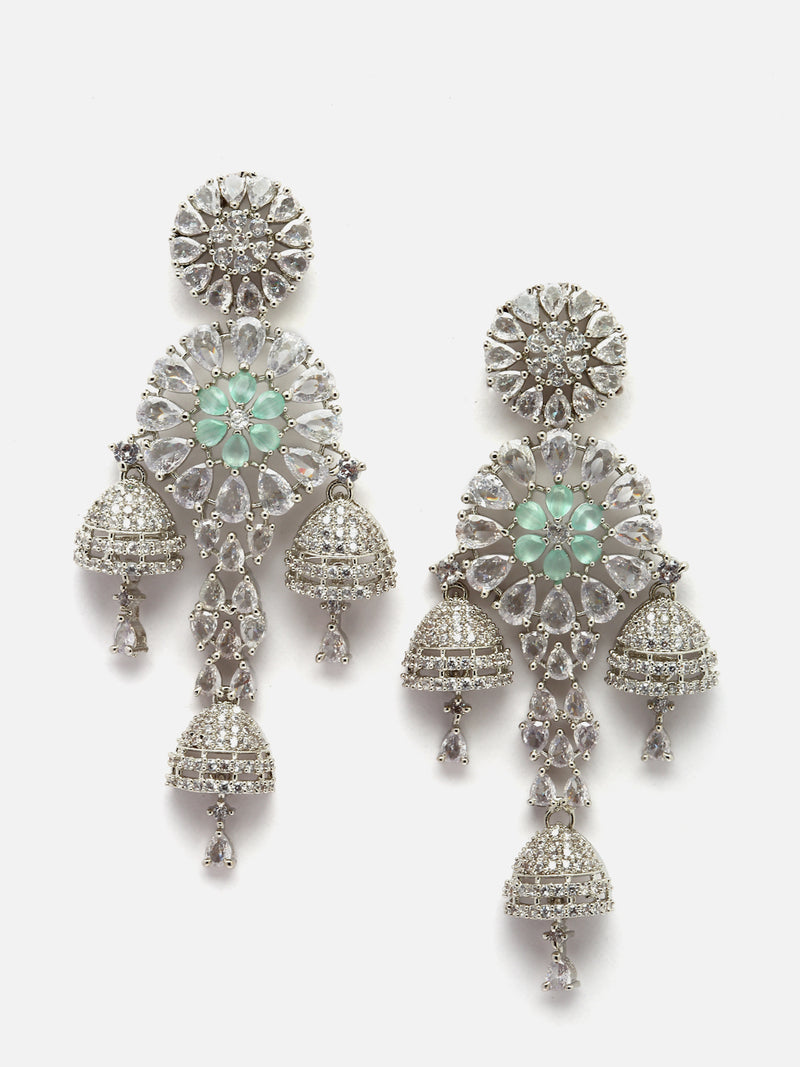 Rhodium-Plated Sea Green American Diamond studded Floral Handcrafted Drop Earrings