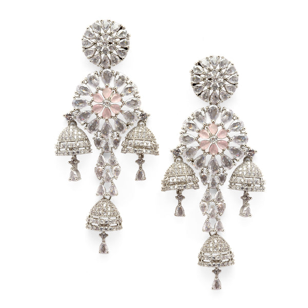Rhodium-Plated Pink American Diamond studded Floral Handcrafted Drop Earrings