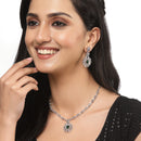 Rhodium-Plated Silver Toned Square Green American Diamond Studded Necklace with Earring Jewellery Set