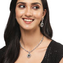 Rhodium-Plated Silver Toned Square Green American Diamond Studded Necklace with Earring Jewellery Set
