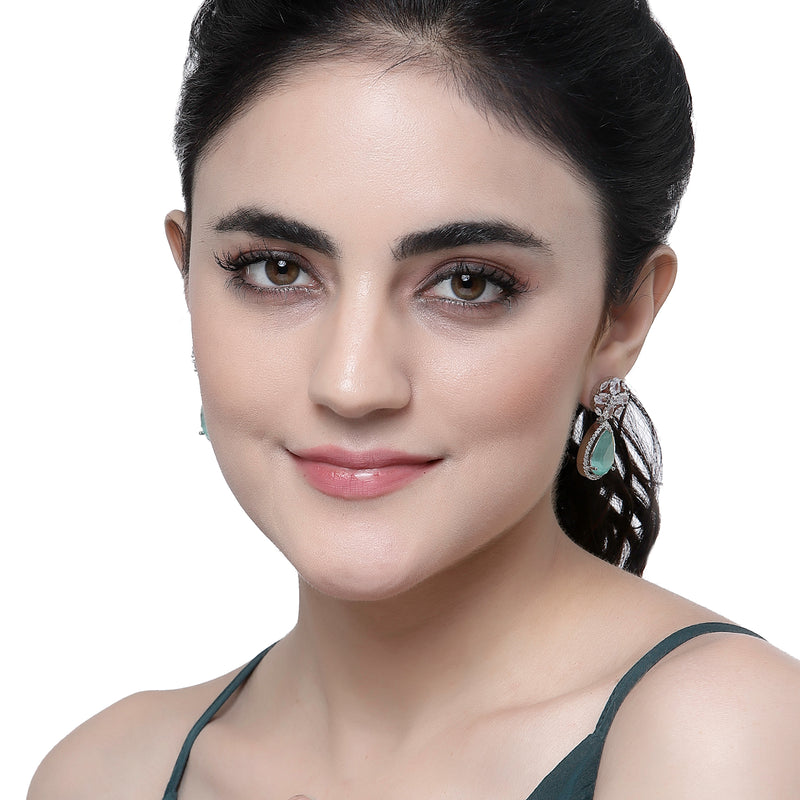 Rhodium-Plated Sea Green & White American Diamond studded Teardrop & Floral Shaped Drop Earrings
