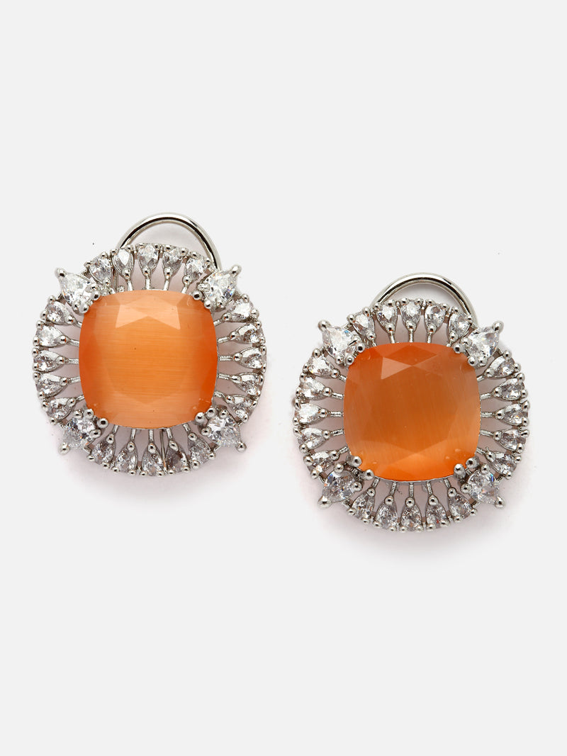 Rhodium-Plated Orange & White American Diamond studded Contemporary Round Stud Earrings