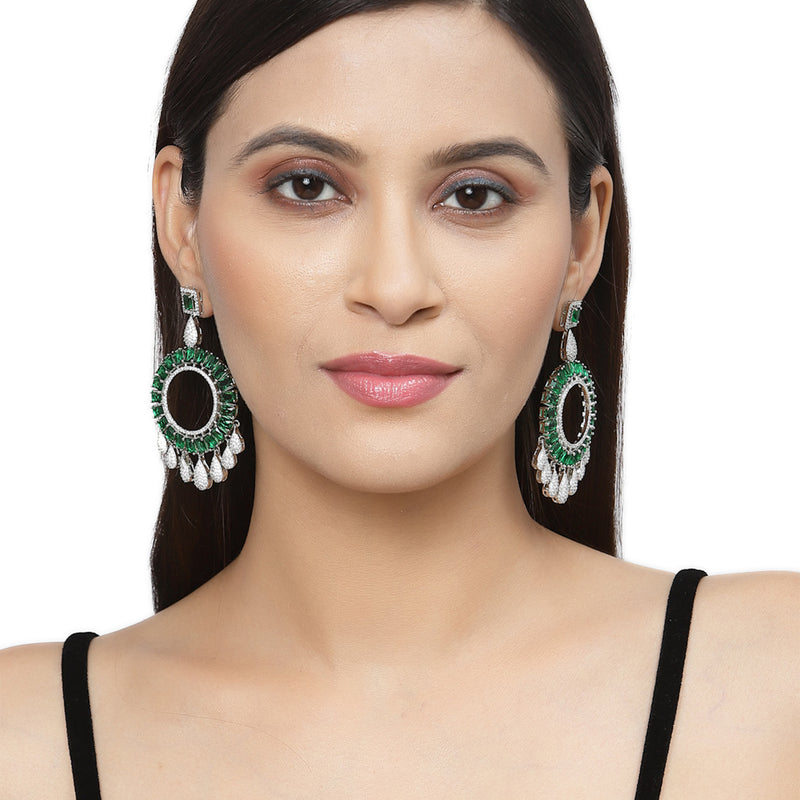 Rhodium-Plated Green American Diamond studded Circular Shape Dangle Earrings