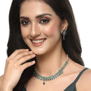 Oxidised Silver-Plated Pear Shaped Green American Diamond Studded Necklace Earrings Jewellery Set