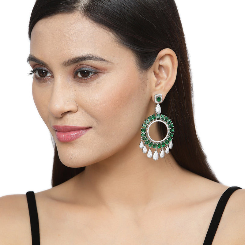 Rhodium-Plated Green American Diamond studded Circular Shape Dangle Earrings