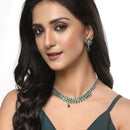Oxidised Silver-Plated Pear Shaped Green American Diamond Studded Necklace Earrings Jewellery Set