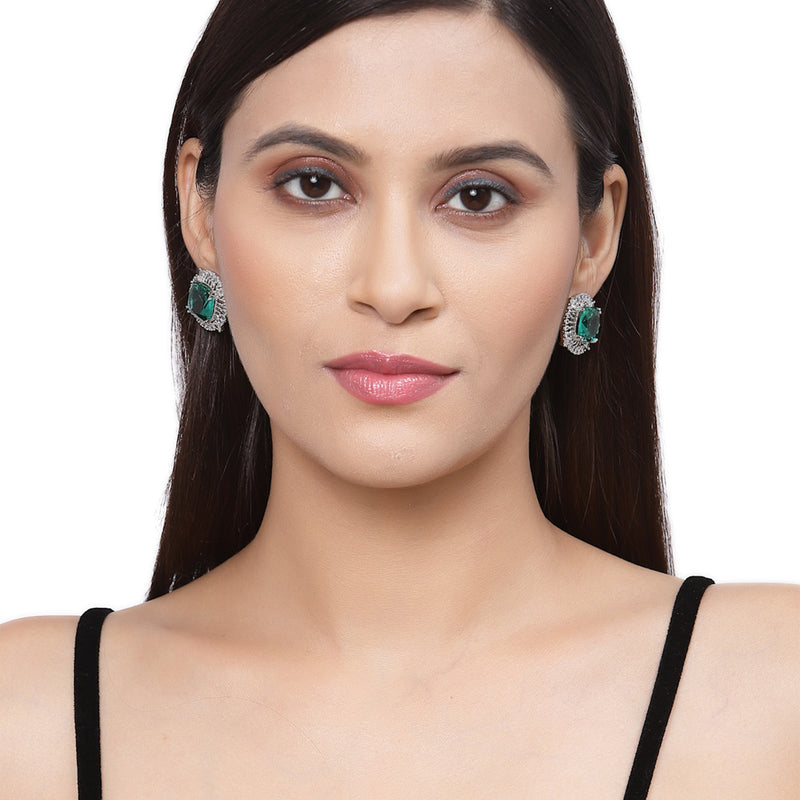Rhodium-Plated Emerald Green & White American Diamond studded Contemporary Round Stud Earrings
