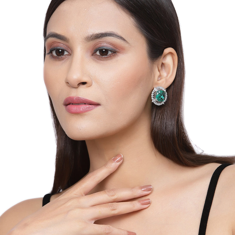 Rhodium-Plated Emerald Green & White American Diamond studded Contemporary Round Stud Earrings