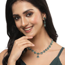 Oxidised Silver-Plated Flower Shaped Green American Diamond Studded Necklace Earrings Jewellery Set
