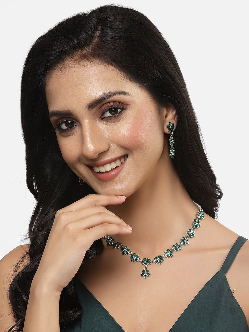 Oxidised Silver-Plated Flower Shaped Green American Diamond Studded Necklace Earrings Jewellery Set