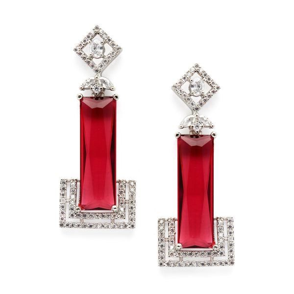 Rhodium-Plated Red American Diamond studded Rectangular Shaped Drop Earrings