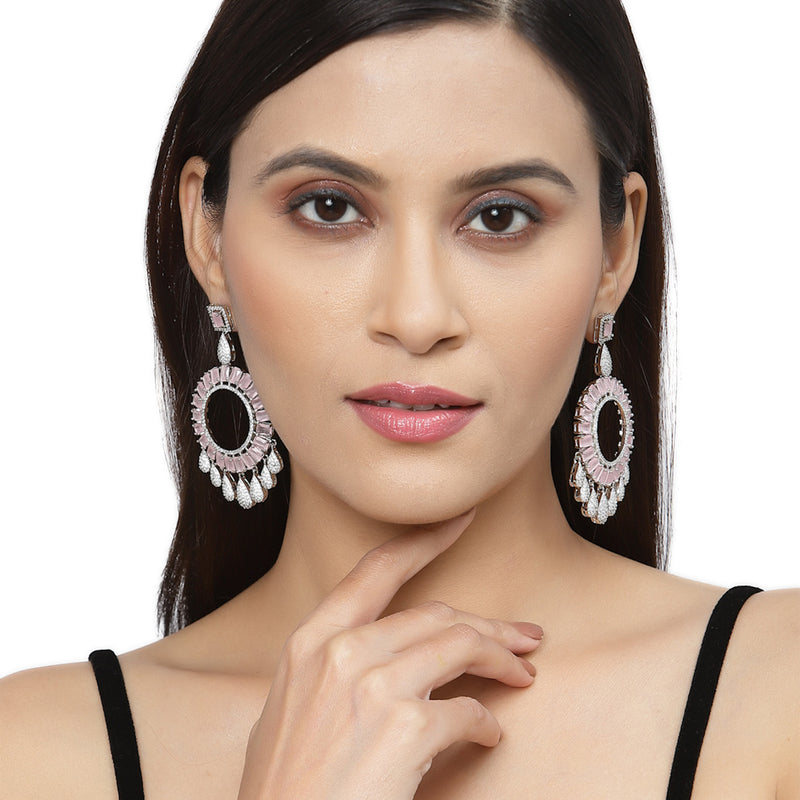 Rhodium-Plated Pink American Diamond studded Circular Shape Dangle Earrings