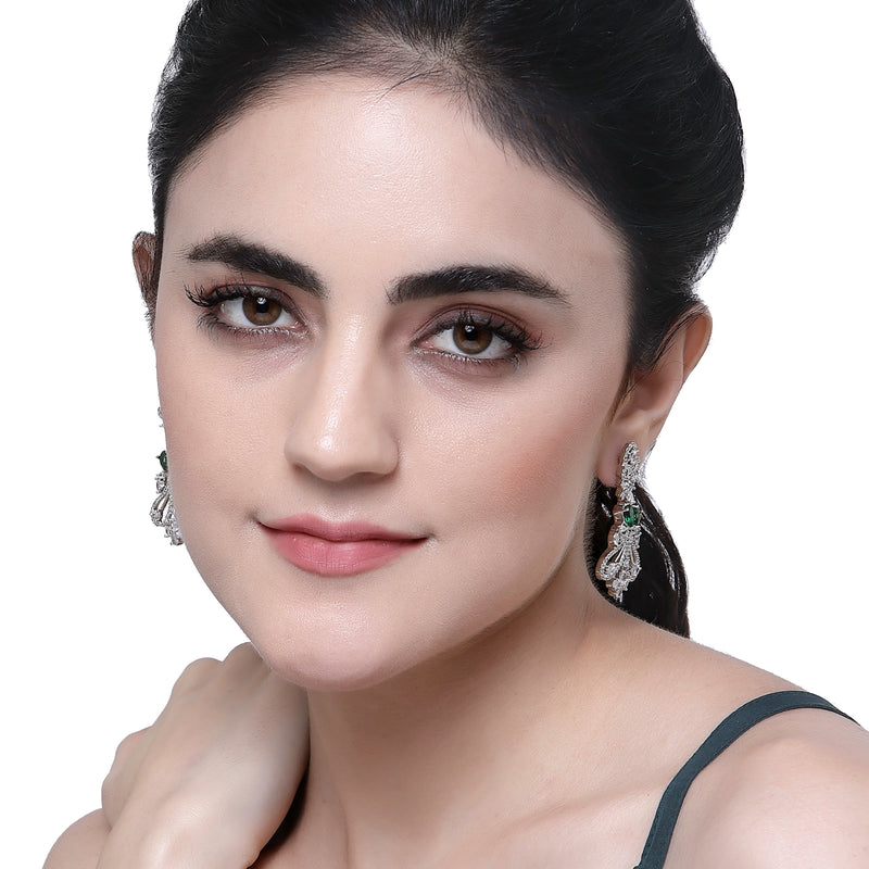 Rhodium-Plated Green & White American Diamond studded Paisley Shaped Drop Earrings