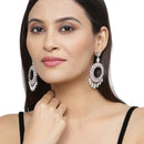 Rhodium-Plated Pink American Diamond studded Circular Shape Dangle Earrings