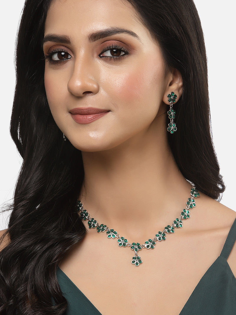 Oxidised Silver-Plated Flower Shaped Green American Diamond Studded Necklace Earrings Jewellery Set