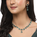 Oxidised Silver-Plated Flower Shaped Green American Diamond Studded Necklace Earrings Jewellery Set