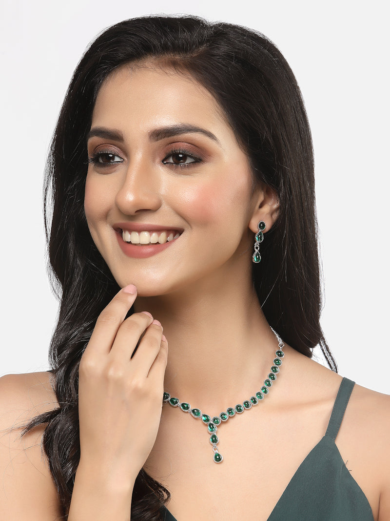 Oxidised Silver-Plated Green American Diamond Studded Necklace with Earring Jewellery Set