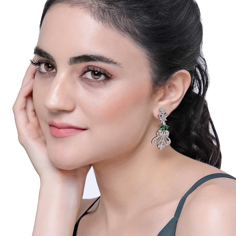 Rhodium-Plated Green & White American Diamond studded Paisley Shaped Drop Earrings