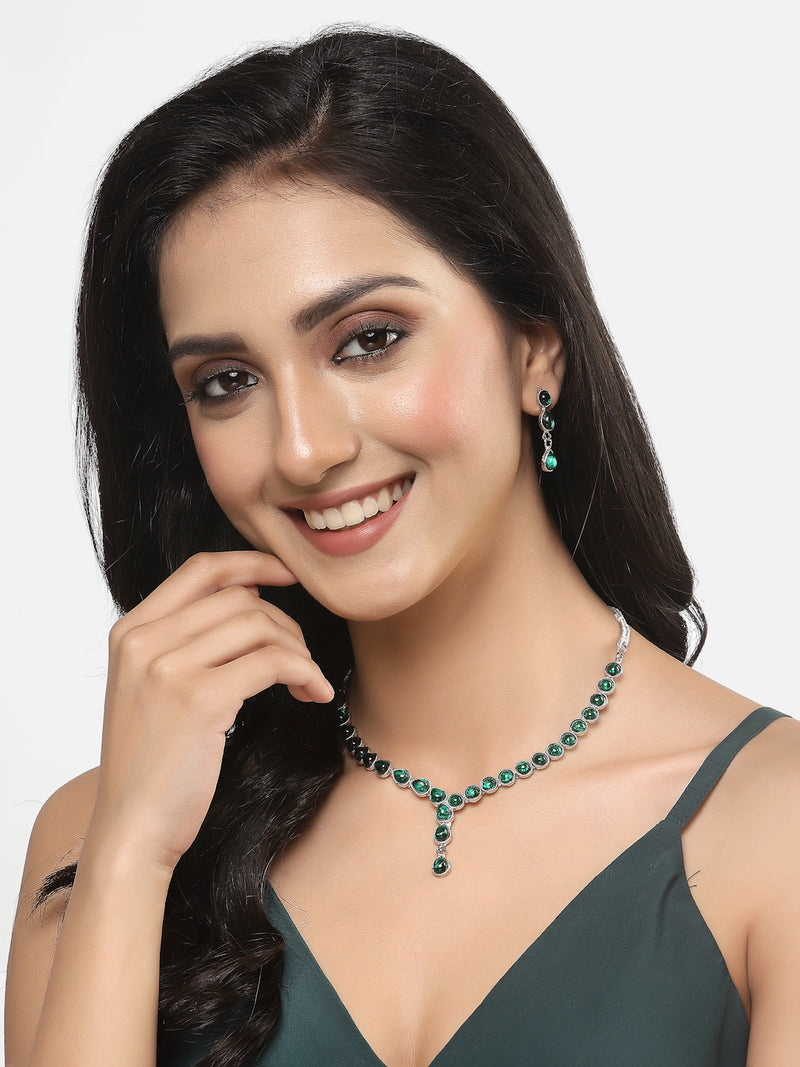 Oxidised Silver-Plated Green American Diamond Studded Necklace with Earring Jewellery Set