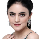 Rhodium-Plated Sea Green & White American Diamond studded Triangular Shaped Drop Earrings