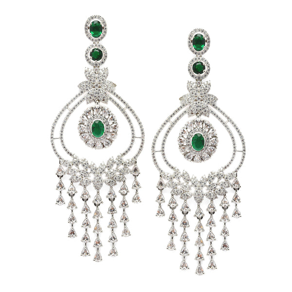 Rhodium-Plated Green & White American Diamond studded Quirky Shaped Drop Earrings