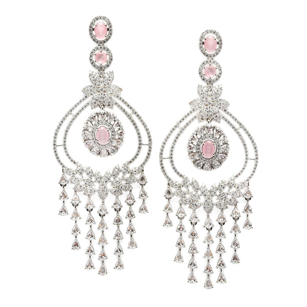 Rhodium-Plated Pink & White American Diamond studded Quirky Shaped Drop Earrings