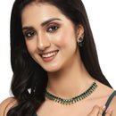 Rhodium-Plated Silver Toned Pear Green American Diamond Studded Necklace with Earrings Jewellery Set