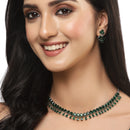 Rhodium-Plated Silver Toned Pear Green American Diamond Studded Necklace with Earrings Jewellery Set