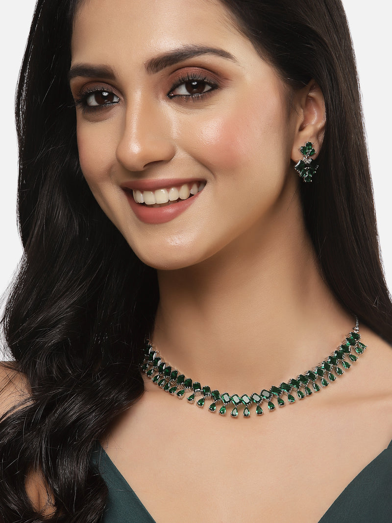 Rhodium-Plated Silver Toned Pear Green American Diamond Studded Necklace with Earrings Jewellery Set