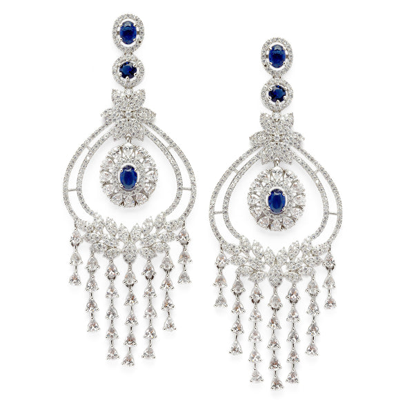Rhodium-Plated Navy Blue & White American Diamond studded Quirky Shaped Drop Earrings