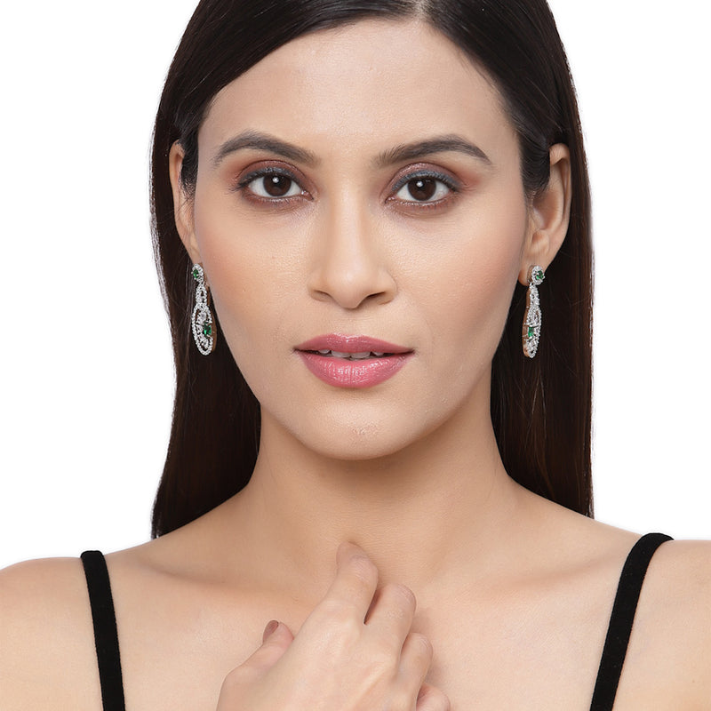 Rhodium-Plated Green American Diamond studded Oval & Quirky Shaped Drop Earrings