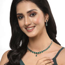 Oxidised Silver-Plated Green Round American Diamond Studded Necklace with Earrings Jewellery Set