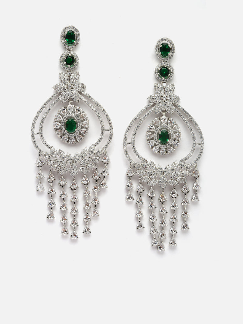 Rhodium-Plated Green & White American Diamond studded Quirky Shaped Drop Earrings