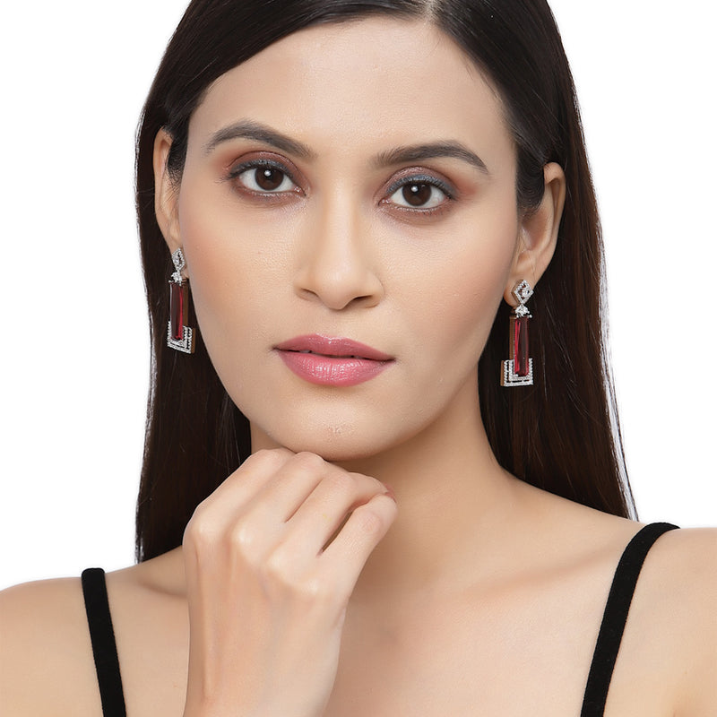 Rhodium-Plated Red American Diamond studded Rectangular Shaped Drop Earrings