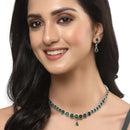 Oxidised Silver-Plated Green Round American Diamond Studded Necklace with Earrings Jewellery Set