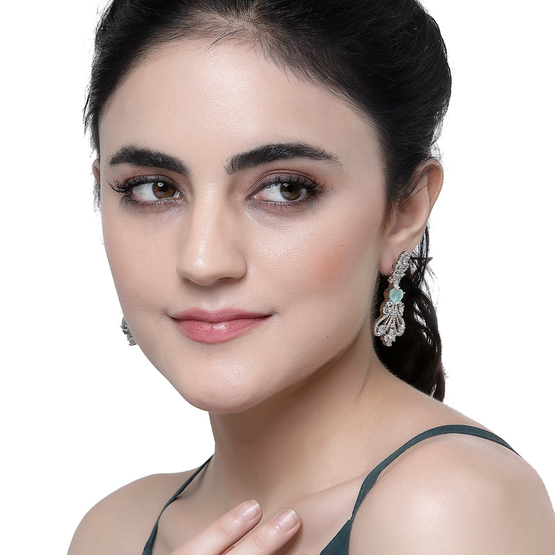 Rhodium-Plated Sea Green & White American Diamond studded Paisley Shaped Drop Earrings