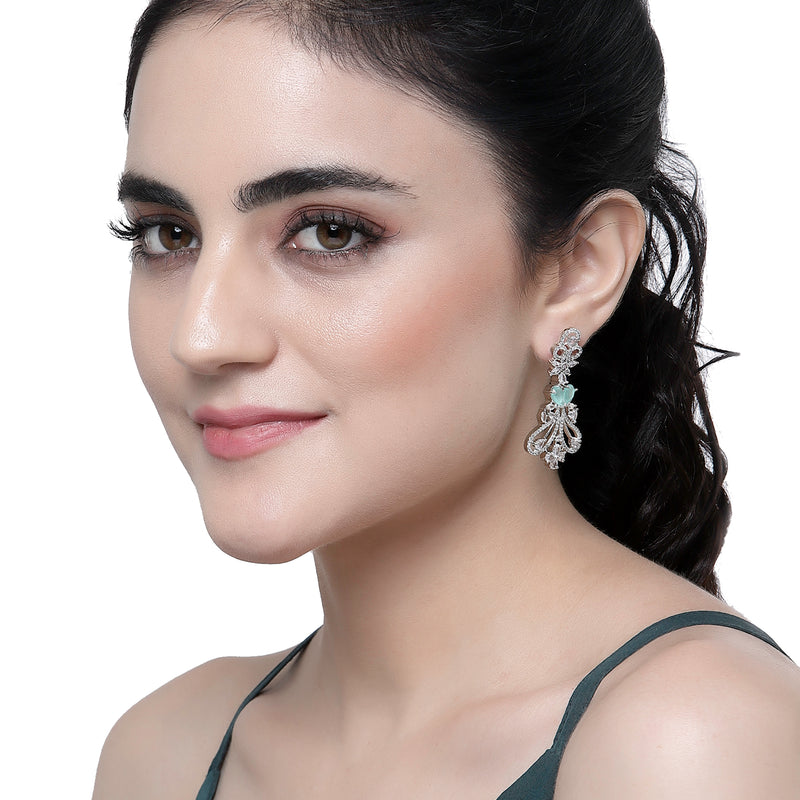Rhodium-Plated Sea Green & White American Diamond studded Paisley Shaped Drop Earrings