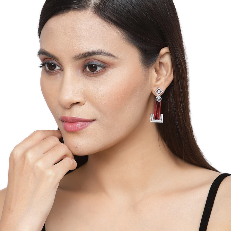 Rhodium-Plated Red American Diamond studded Rectangular Shaped Drop Earrings
