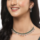 Rhodium-Plated Silver Toned Rectangle Green American Diamond Studded Necklace Earrings Jewellery Set