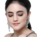 Rhodium-Plated Sea Green & White American Diamond studded Floral Chandelier Drop Earrings